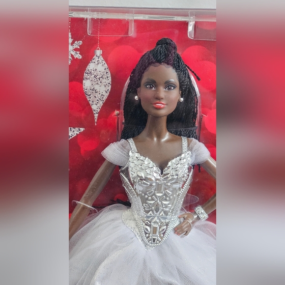 Barbie Signature 2021 Holiday Barbie Doll 12-inch Brunette Braids in Silver Gown - Picture 4 of 12